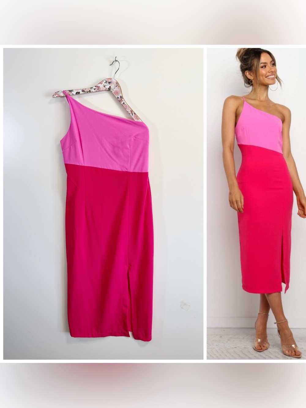 PETAL AND PUP Xiomar One Shoulder Strap Pink Colorblock Sheath Midi Dress Size 8